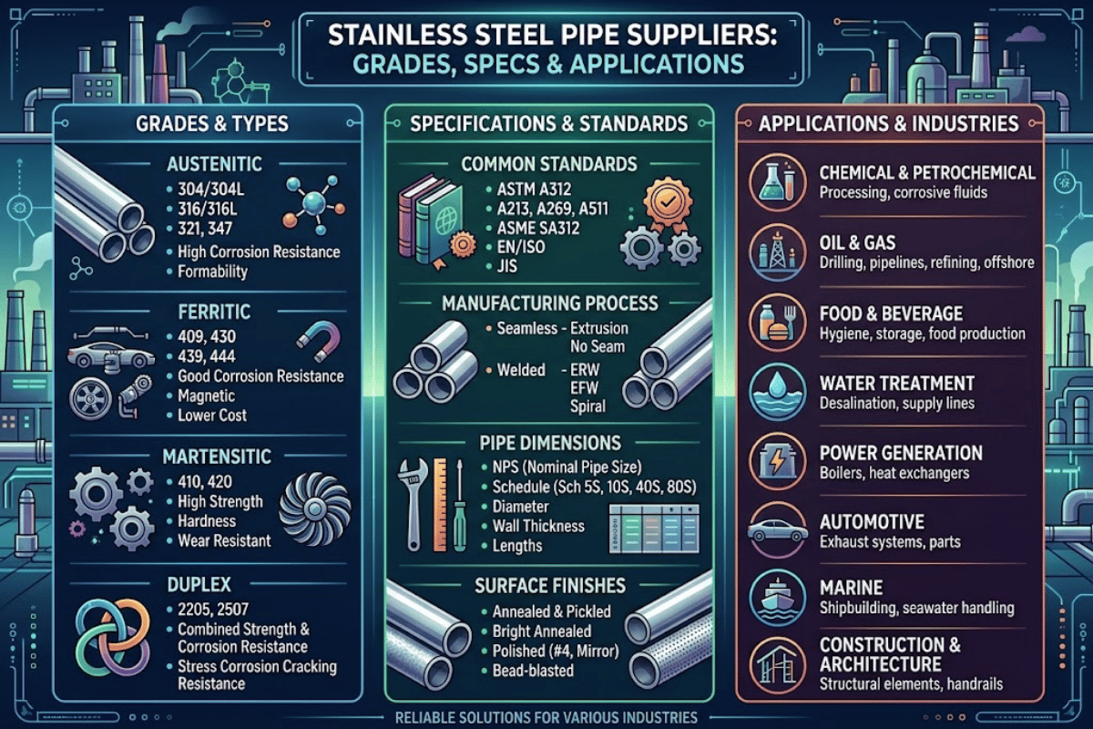 Stainless Steel Pipe Suppliers: Grades, Specs & Applications