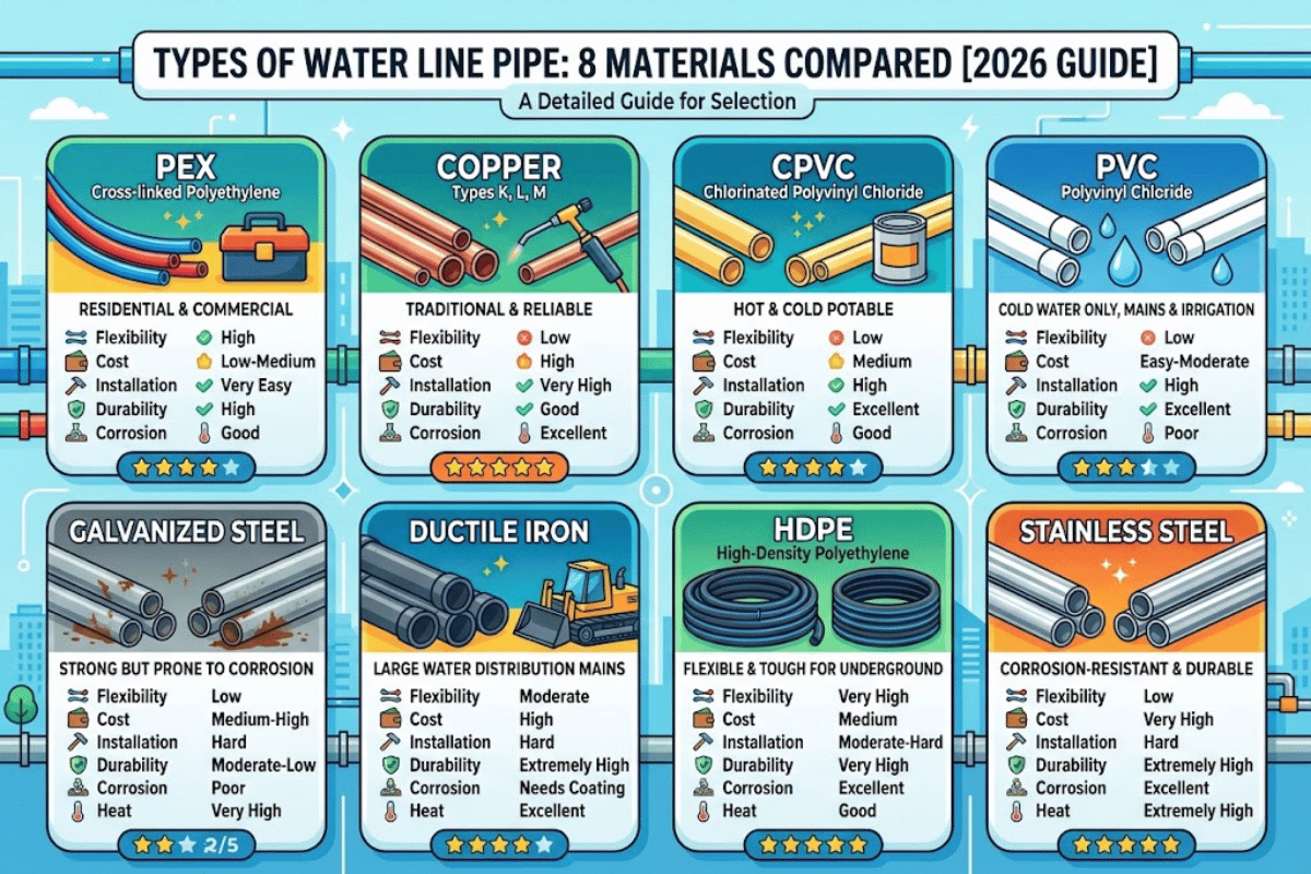 Types of Water Line Pipe: 8 Materials Compared [2026 Guide]