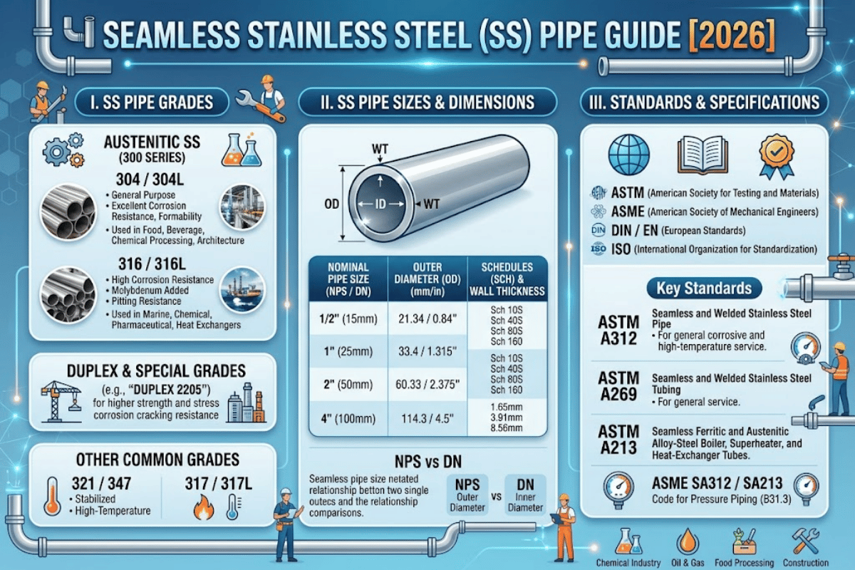 Seamless SS Pipe: Grades, Sizes & Standards Guide [2026]