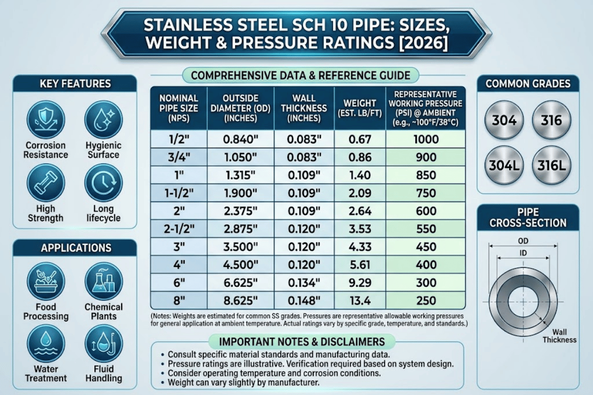 Stainless Steel Sch 10 Pipe: Sizes, Weight & Pressure Ratings [2026]