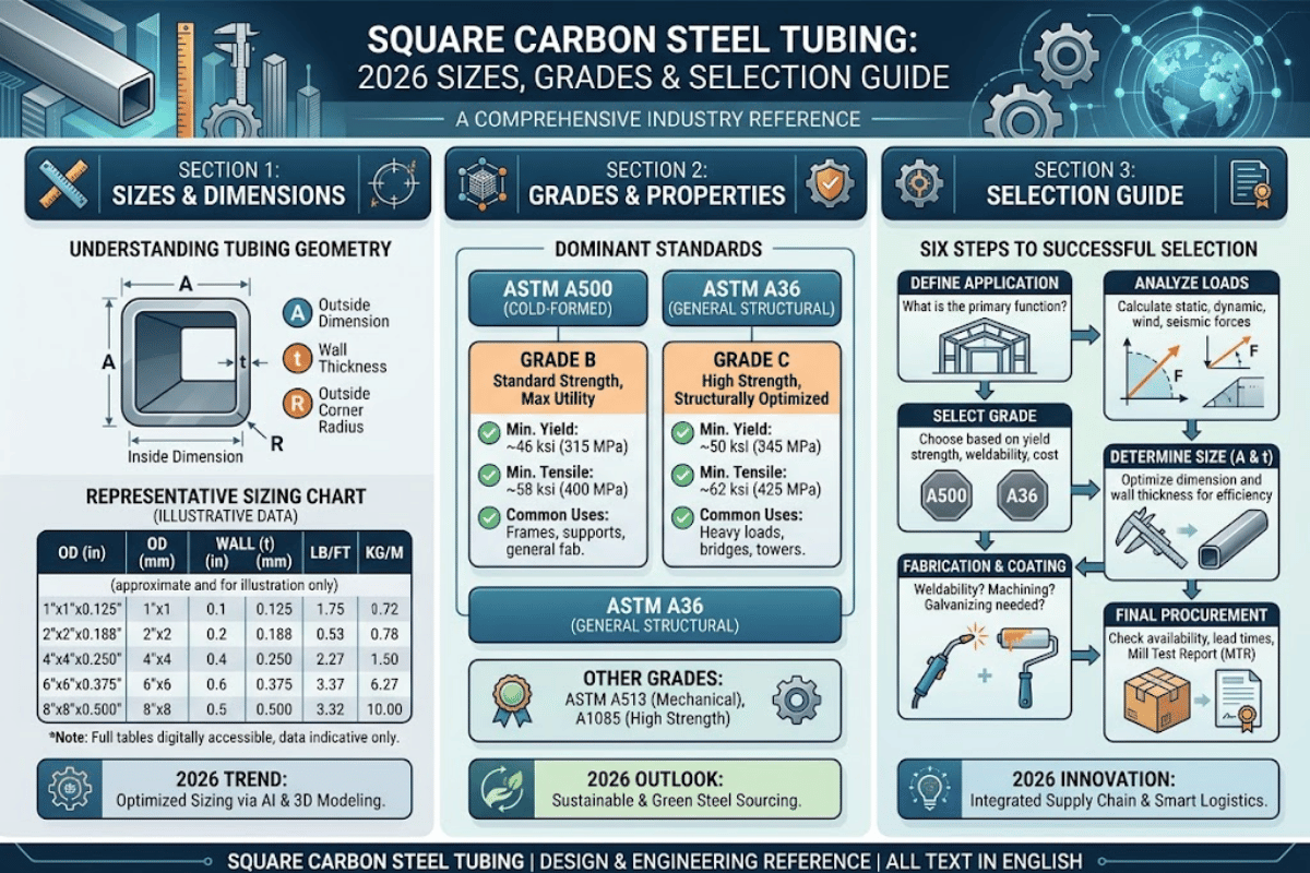Square Carbon Steel Tubing: Sizes, Grades & Selection Guide [2026]