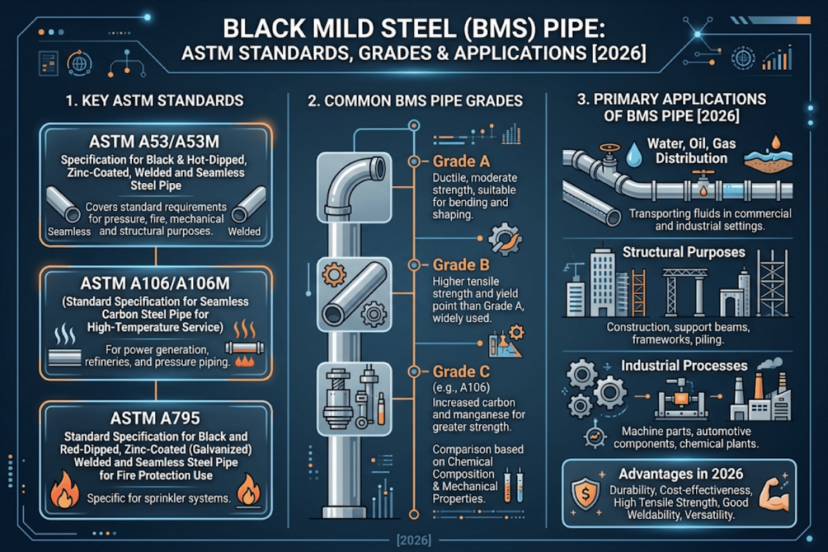 Black Mild Steel (BMS) Pipe: ASTM Standards, Grades & Applications [2026]