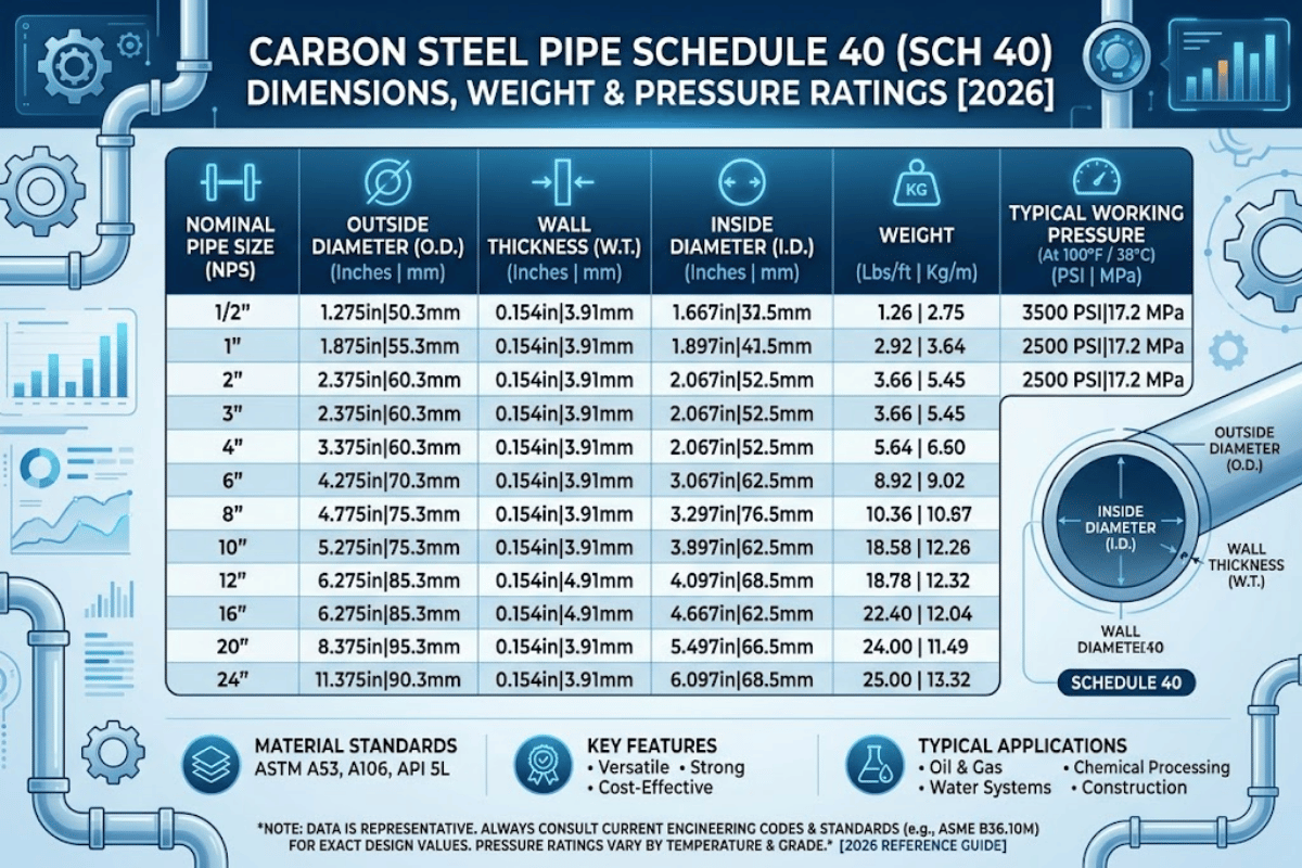 Carbon Steel Pipe Sch 40: Dimensions, Weight & Pressure Ratings [2026]