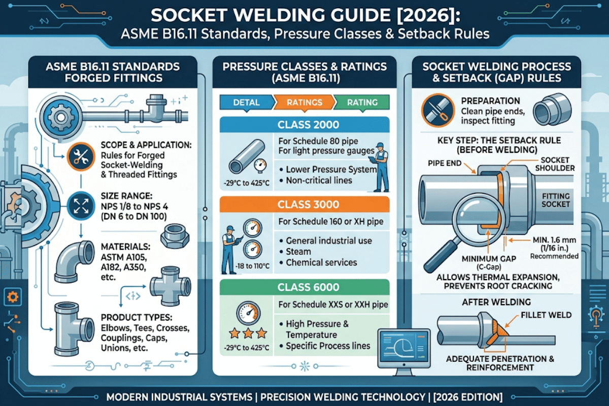 Socket Welding Guide: ASME B16.11 Standards, Pressure Classes & Setback Rules [2026]