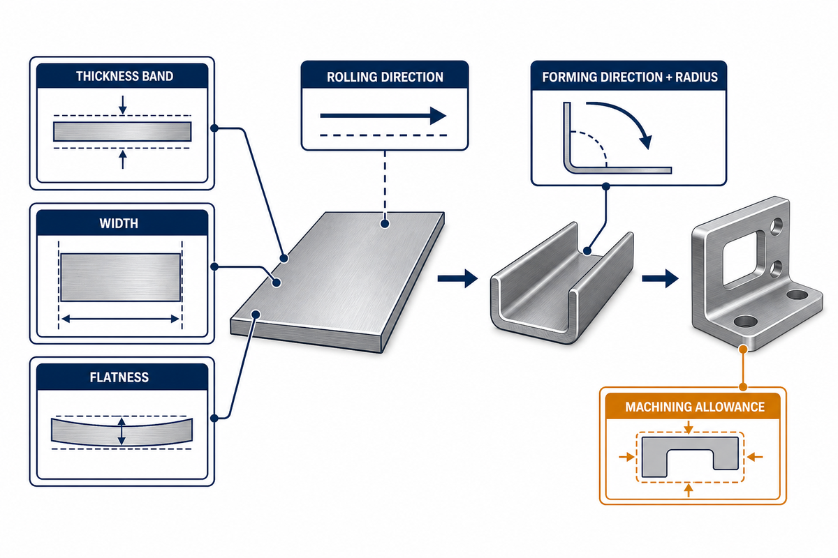 Titanium plate controls for thickness, width, flatness, rolling direction and forming route (ASTM B265)