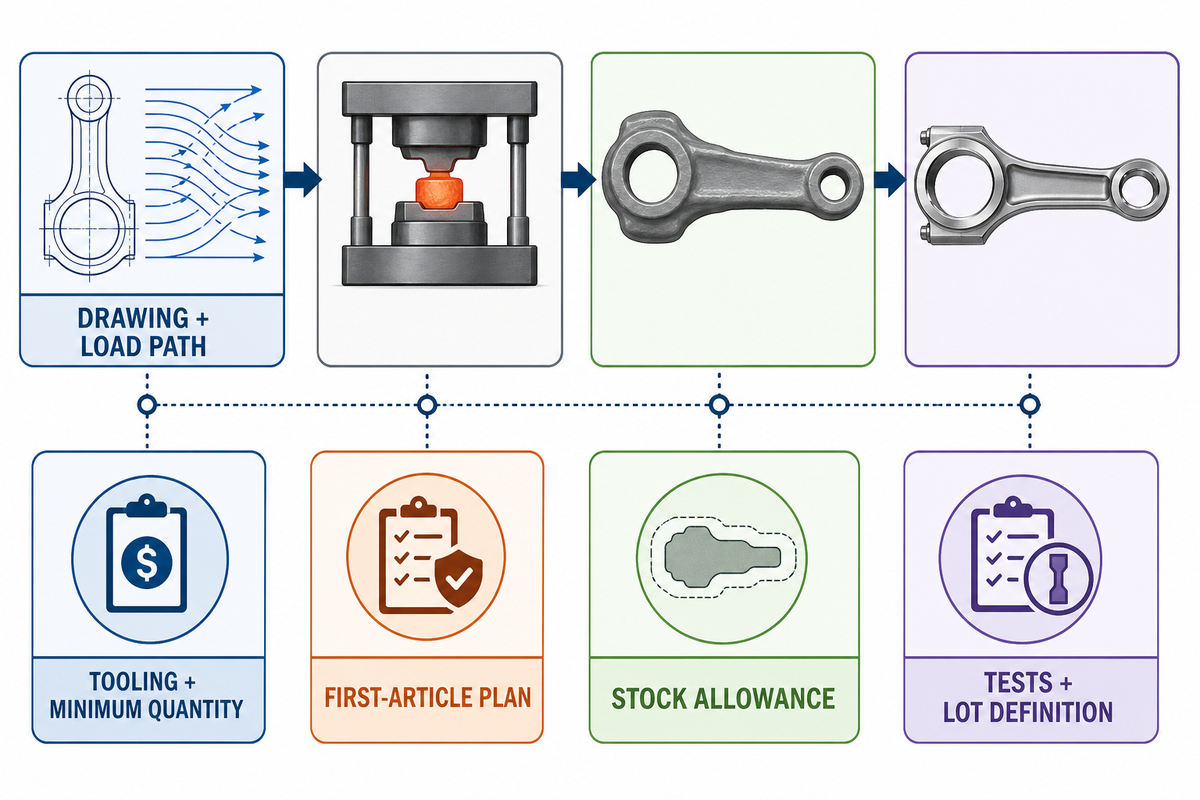 Titanium forging controls for drawing, load path, tooling, first article, tests and lot definition (ASTM B381)