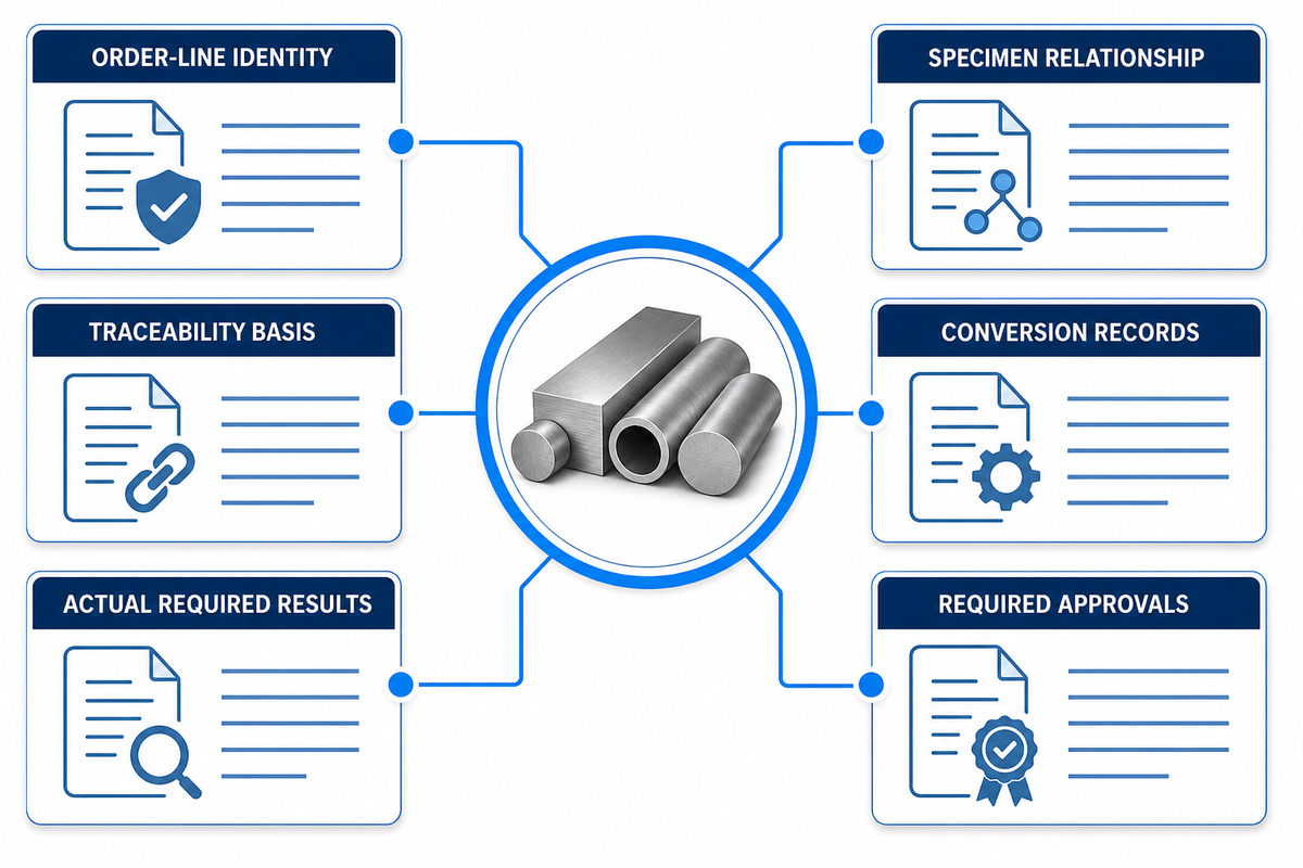 Six-part titanium evidence package covering identity, traceability, results, specimens, conversion and approvals