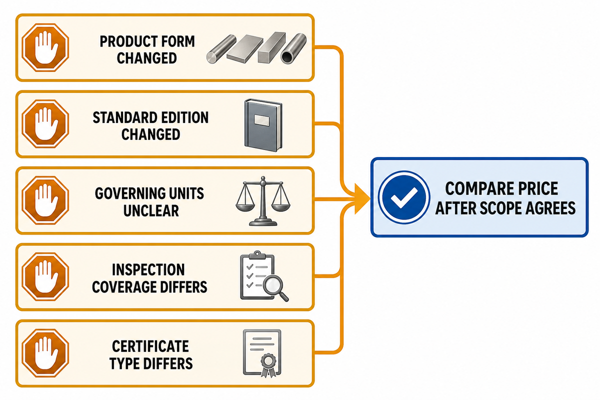Pre-award titanium quote stop conditions for form, edition, units, inspection and certificate scope